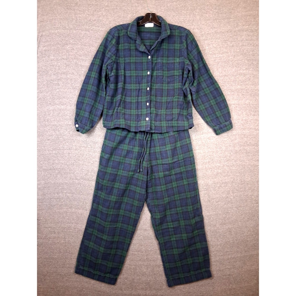 LL Bean Womens Pajama Set Petite S Green Tartan Black Watch Plaid Cabincore PNW